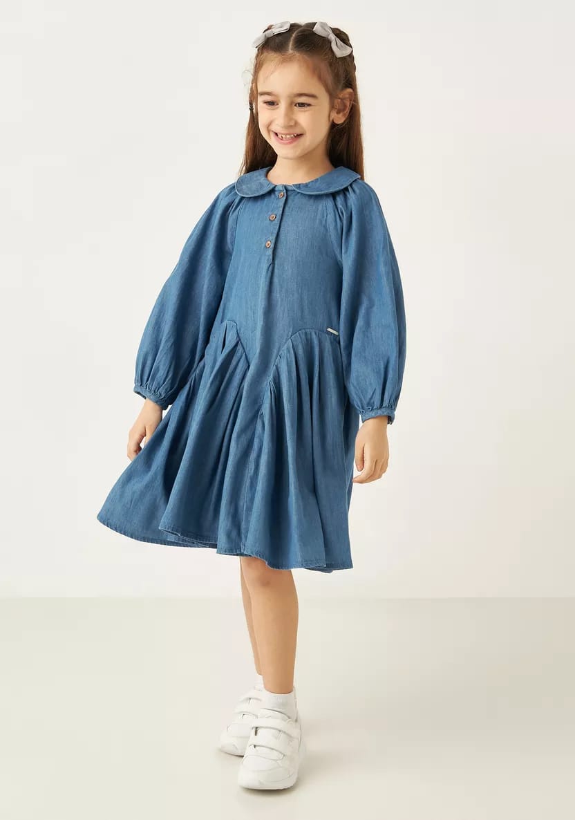 Lee Cooper Solid Denim A-line Dress with Peter Pan Collar and Long Sleeves