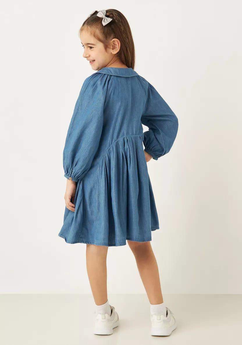 Lee Cooper Solid Denim A-line Dress with Peter Pan Collar and Long Sleeves