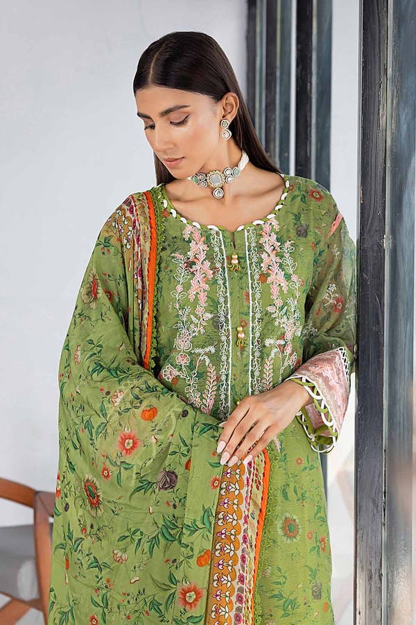 3PC Embroidered Digital Printed Cotton Net